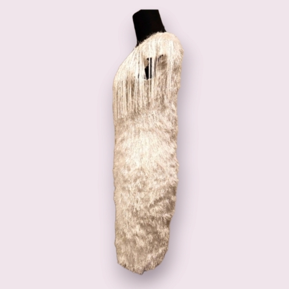 White Feather Like Dress with Tassles Fringe at Neckline - Picture 3 of 6
